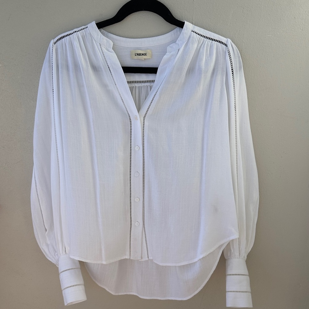 L'AGENCE White Button-Front Lightweight Blouse wi… - image 2